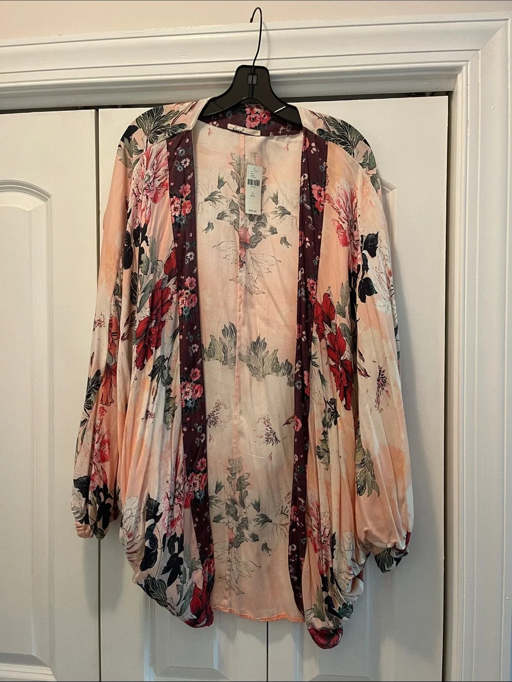 Anthropologie Peach Floral Open-Front Kimono Cardigan